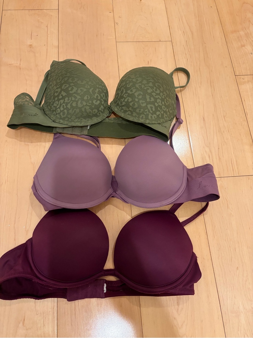 PINK Victoria's Secret Trio Bra Set — Olive Green, Lavender, Plum